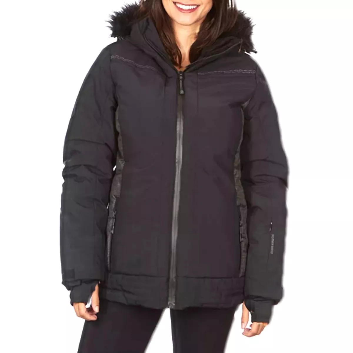 Avalanche Womens Black Faux-Fur Hood Water-Resistant THUMB HOLES Ski Jacket  Sz S