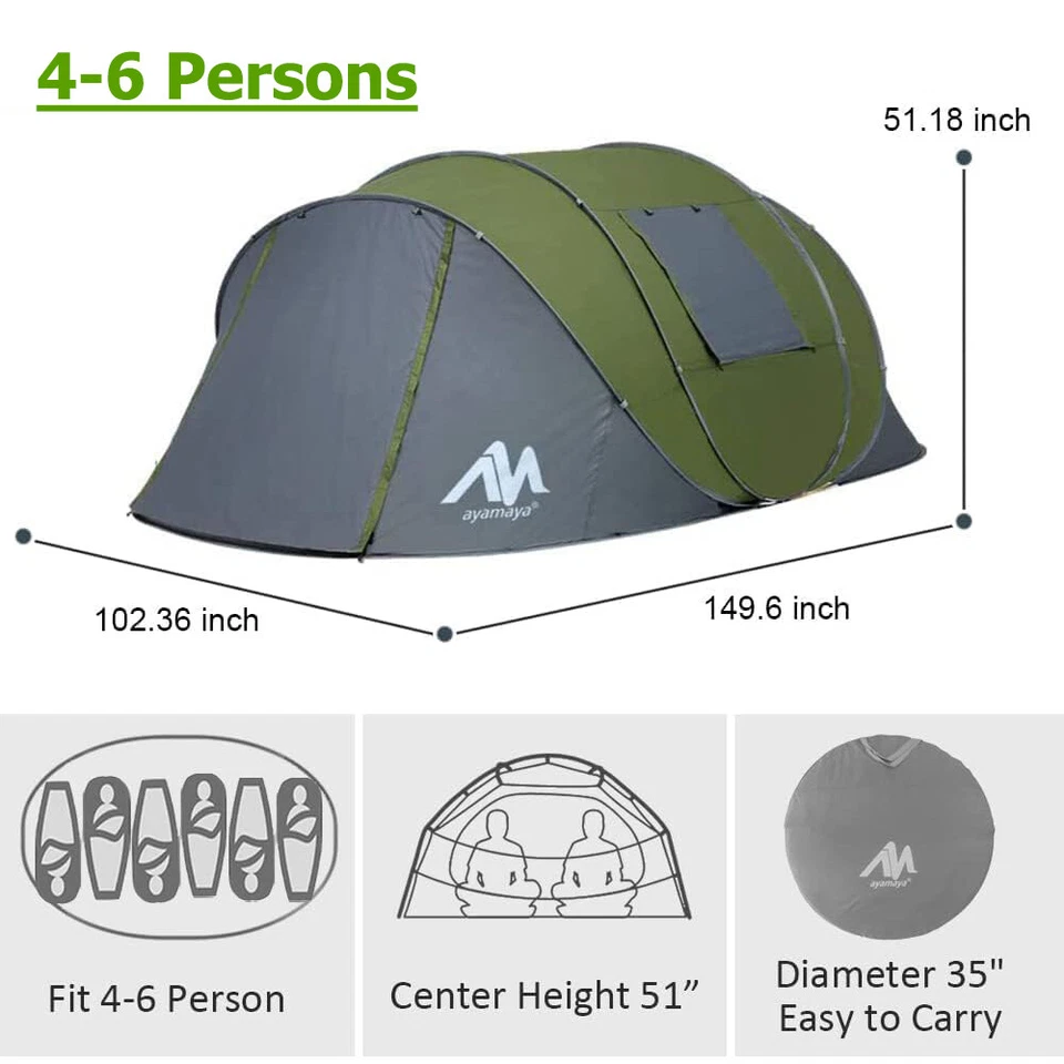 Tienda Pop Up 4-6 Personas Exterior Impermeable Camping Gran Cúpula Familia Doble Capa Foto 2 de 4
