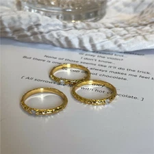 Woman 18k Gold Plated Stainless Steel CZ 2mm Band Ring Engagement Girlfriend