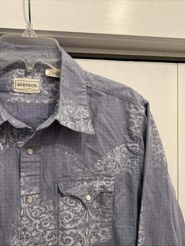 Stetson Camicia Blu/Bianco Paisley Manica Lunga Western Pearl Snap, Uomo Taglia L - Foto 3 di 12