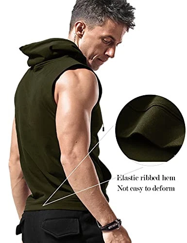 Men's Workout Hooded Tank Tops Sleeveless Gym Hoodies Large Army Green - Image 4 of 4