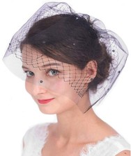 Black Bridal Veil with Crystal Pearl Comb White Double Layer Birdcage Veil