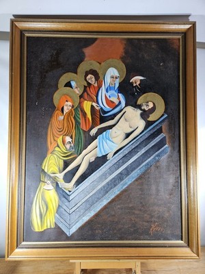 GROSSES ÖLGEMÄLDE VOLKSIKONE STIL KLAGE CHRISTI RELIGIÖSE KUNST