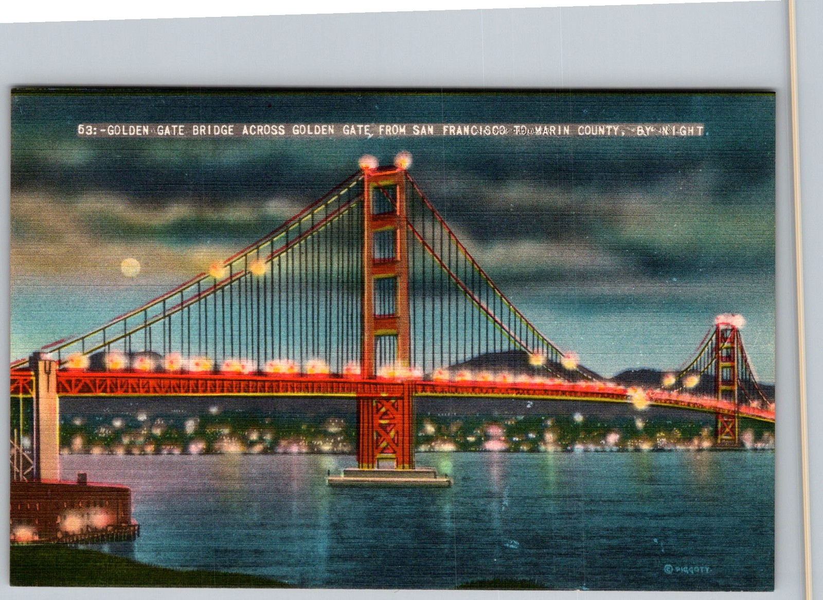 Vtg Linen Postcard Golden Gate Bridge Night San Francisco, CA 1930s