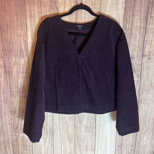 Madewell Dark Purple Waffle-Knit Relazed V-Neck Top Size Medium Women’s - Picture 1 of 9