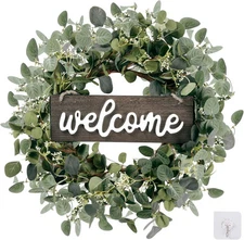 Sggvecsy Green Eucalyptus Leaf Wreath with Welcome Sign 20in Artificial 