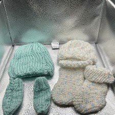 Baby Infant Hand Knitted Handmade of two Slipper Socks and Hat Washable Wool