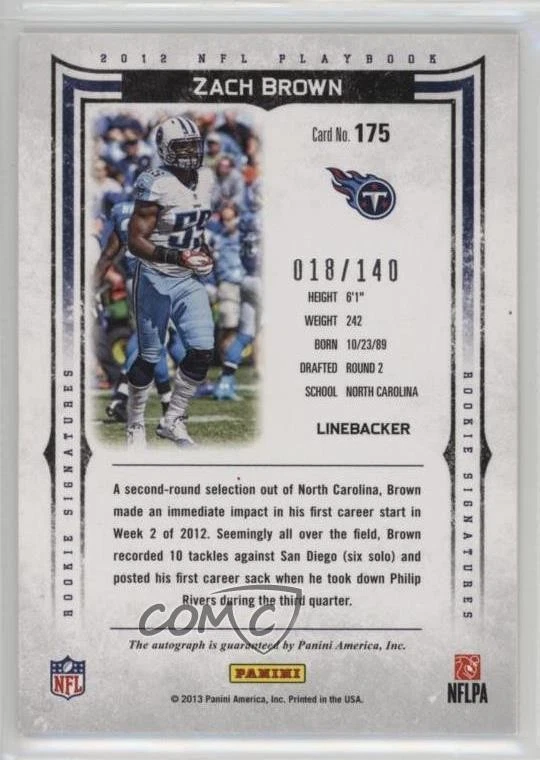 2012 Panini Playbook Rookie Signatures /140 Zach Brown #175 Rookie Auto RC - Image 2 of 2