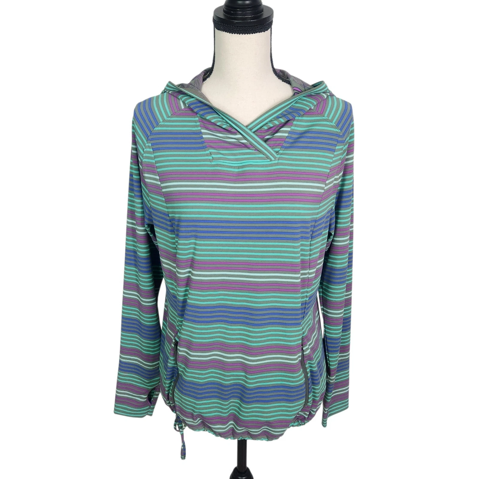 Title Nine Womens LARGE Sunbuster Striped Long Sleeve Hoodie Stretch Zip Pockets
Opens in a new wind