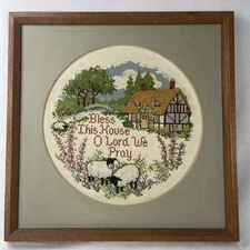 Bless This House O Lord We Pray Framed Cross-Stitch Cottage Sheep Scene 14.25"