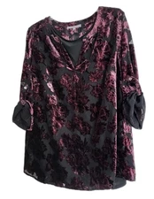 Daniel Rain Velvet Burnout Tunic Black Pink Floral Womens 1X Roll Tab Sleeve