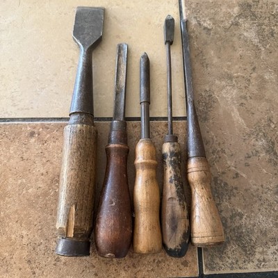 Vintage Lot of 3 Woodworking Chisels  2 Soldering Irons Mixed Wood Handles. 
