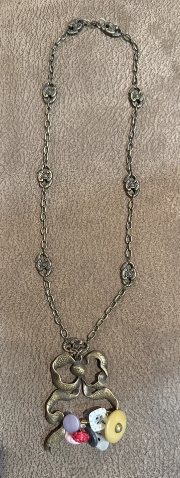 Grandmother’s Buttons Brass Tone 12” Necklace Buttons On Bow Charm Granny Core - Image 3 of 4