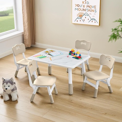 Toddler Table and 4 Chairs Set, Height Adjustable Kids Table and Chair Set