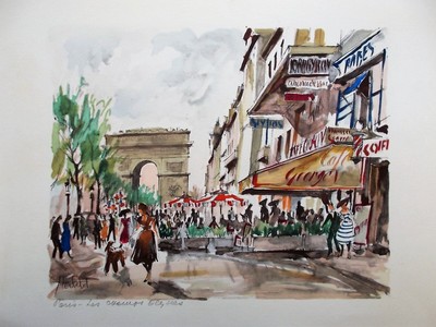 Lithographie Aquarellee Main Herbelot 20 Eme Paris Les Champs Elysees Ebay