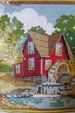 Sunset Design Autumn Mill Pond Vintage Crewel Stitch Needlepoint Sew EUC Retro