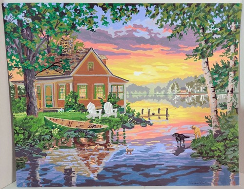 Vintage Signed Landscape Forest Cabin on Lake in Summer Painting 20" x ...