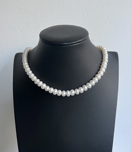 Vintage Bridal Sterling Silver Classic Baroque Large Pearl Necklace 16.5-18.5" - Picture 2 of 6