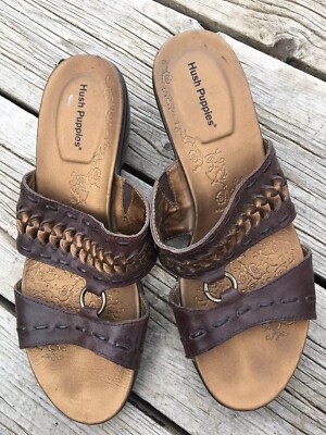 Hush Puppies Brown Metallic Leather Slip On Wedge Sandals