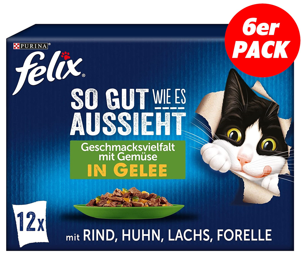FELIX Katzenfutter In Gelee – 6er Pack Mit 72 Beuteln (85g), Mix Aus Rind, Huhn, Lachs