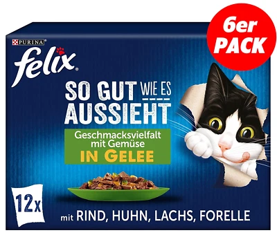 FELIX Katzenfutter in Gelee, Nassfutter Mix, 6er Pack (6 x 12 Beutel mit 85g)