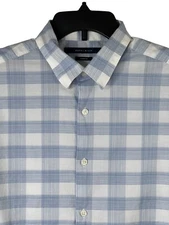 Perry Ellis Mens Button Down Stretch Cotton Shirt Oeko-Tex S/S Blue White Medium