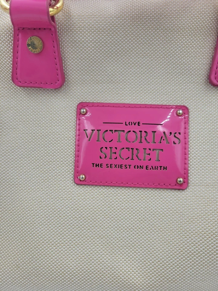 FUNDA/MONEDERO/BOLSO DE MANO VICTORIA'S SECRET DE LONA BEIGE Y ROSA DE COLECCIÓN Foto 3 de 4