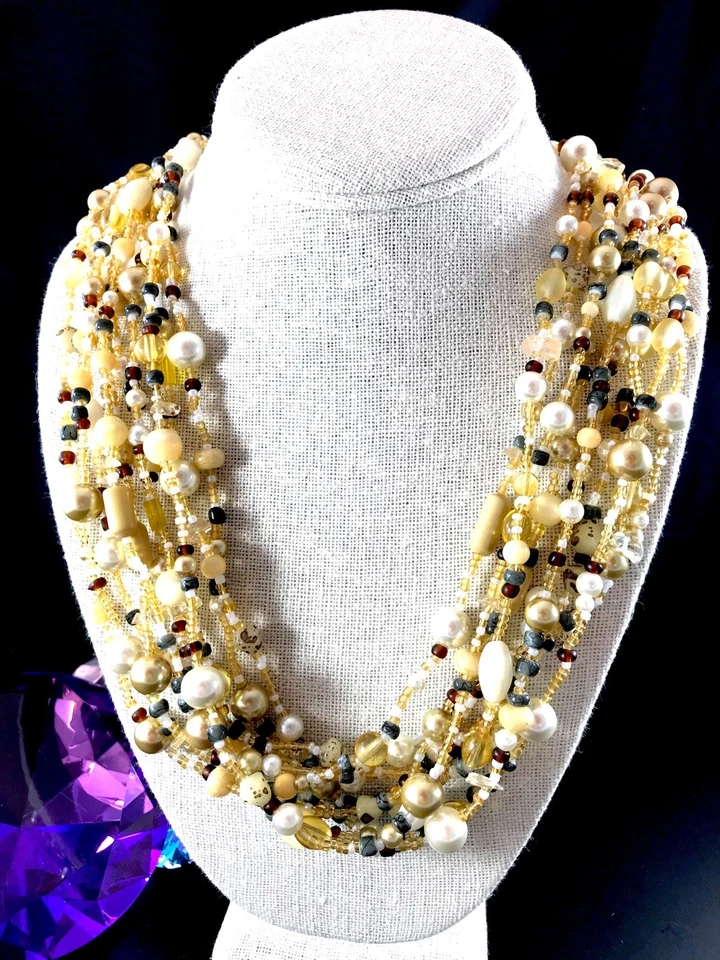 NUEVO EN CAJA COLLAR TORSADE CUENTAS CITRINO ORO CREMA PERLAS IMITACIÓN 10 HEBRAS JOAN RIVERS Foto 2 de 4