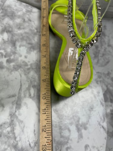 Schutz Sandals Women 9.5B Islah Shoes Green Yellow Satin Block Heel Rhinestones - Picture 9 of 18