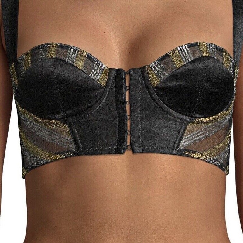 $305 Kiki De Montparnasse Black/Silver Silk Corset Bra 34C Lurex Corselette NWT