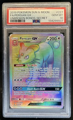 2019 Pokemon SM Unbroken Bonds Persian GX Full Art #227/214 PSA 10 GEM MINT