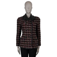 72794 auth CHANEL black  multi wool blend 92A LEATHER TRIM TWEED Jacket 38 S