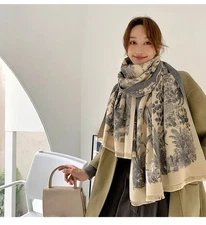 Neutral Toile De Jouy Print Scarf Shawl Wrap Winter Warm Long Reversible