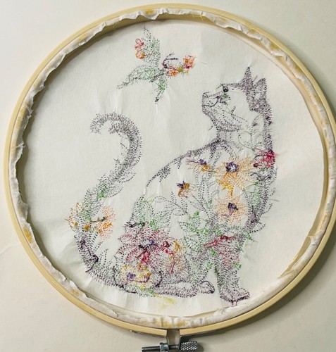 Cat Floral Butterfly Wall Art Embroidery Hoop Wood Frame 9.5" Handmade New - Picture 7 of 7