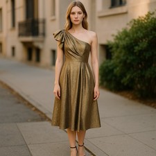 MAC DUGGAL Dress Size 2 Evening Gown Gold Brocade Ruffle One Shoulder Midi NEW