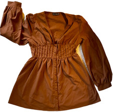 Pretty Little Thing Dress  Sz 10 Terracotta Brown Puff SLeeve Puffball Hem Shift