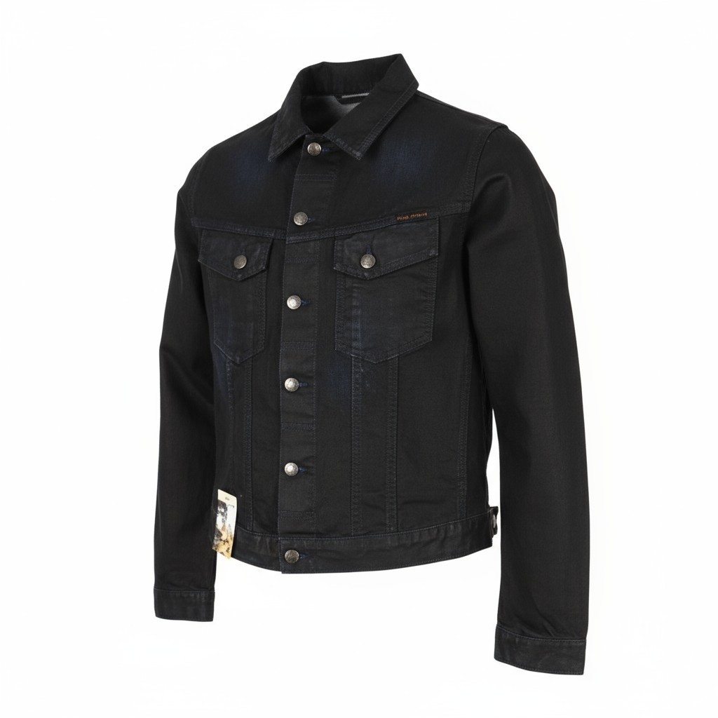 NUDIE JEANS Terry Men M Black Coated Indigo Spread Neck Button
