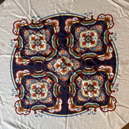 Zina Vasi 90” Round Blue and Cream Cotton Tablecloth - Picture 2 of 10