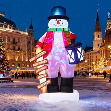 8FT Christmas Inflatable Snowman with Rotating RGB Lights, Holding Lantern & ...