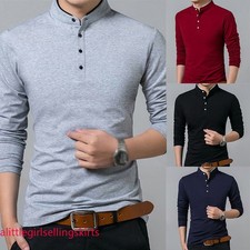 Shirt Men's Fashion Mandarin Collar Long Sleeve Slim Grandad Shirts Pullover