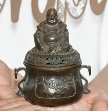 13CM Old Dynasty Pure Bronze Laugh Maitreya Double Ears Incense Burner Censer