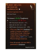 Diablo 4 S11 Blood Boiling Sovereign Vambraces 1GA Legendary Gloves Item Gear