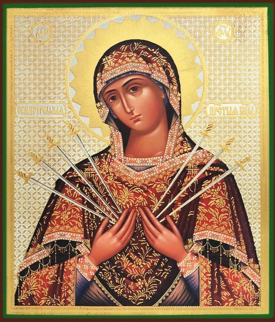 Our Lady Of Sorrows The Seven Swords Russian Icon Wood 8 3 4 Inch For Sale Online Ebay