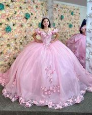 Pink Quinceanera Dresses Off Shoulder 3D Flower Beaded Boning Corset Sweet 16