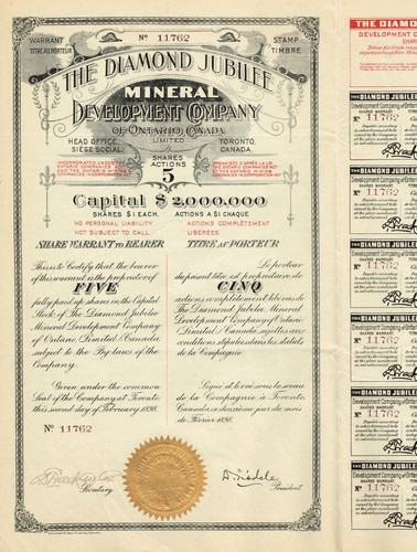 CANADA DIAMOND JUBILEE MINERAL DEVELOPMENT COMPANY stock certificate/bond - 第 1/1 張圖片