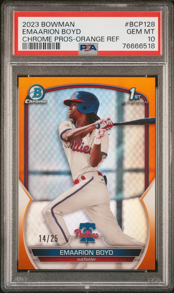 PSA 10 EMAARION BOYD 2023 Bowman Chrome ORANGE REFRACTOR/25 Phillies RC GEM MINT - Image 2 of 3