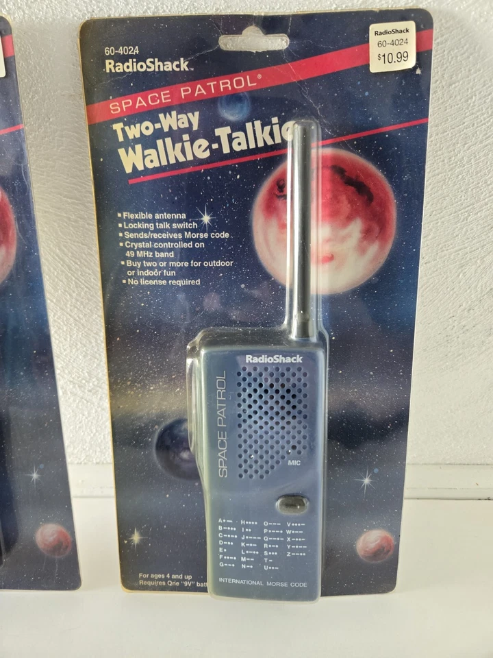 2 Walkie Talkies Radio Shack Space Patrol bidireccionales código Morse azules de colección nuevos *raros* Foto 3 de 4