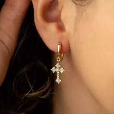 1.20Ct Real Moissanite Women's Cross Drop/Dangle Earrings 14K Yellow Gold Plated