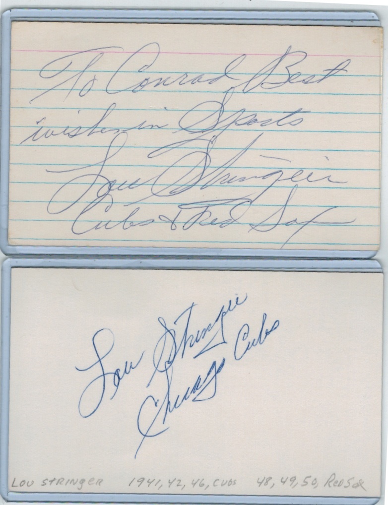 (2) LOU STRINGER INDEX CARD SIGNED 1941-50 CUBS RED SOX PSA/DNA CERT ...