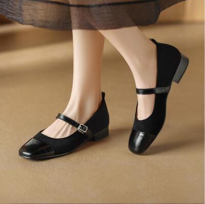 Women's Genuine Leather Square Toe Mary Janes Shoes Suede Vintage